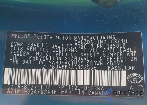 2010 Toyota Corolla S z USA, uszkodzony, nr VIN 2T1BU4EE2AC373556